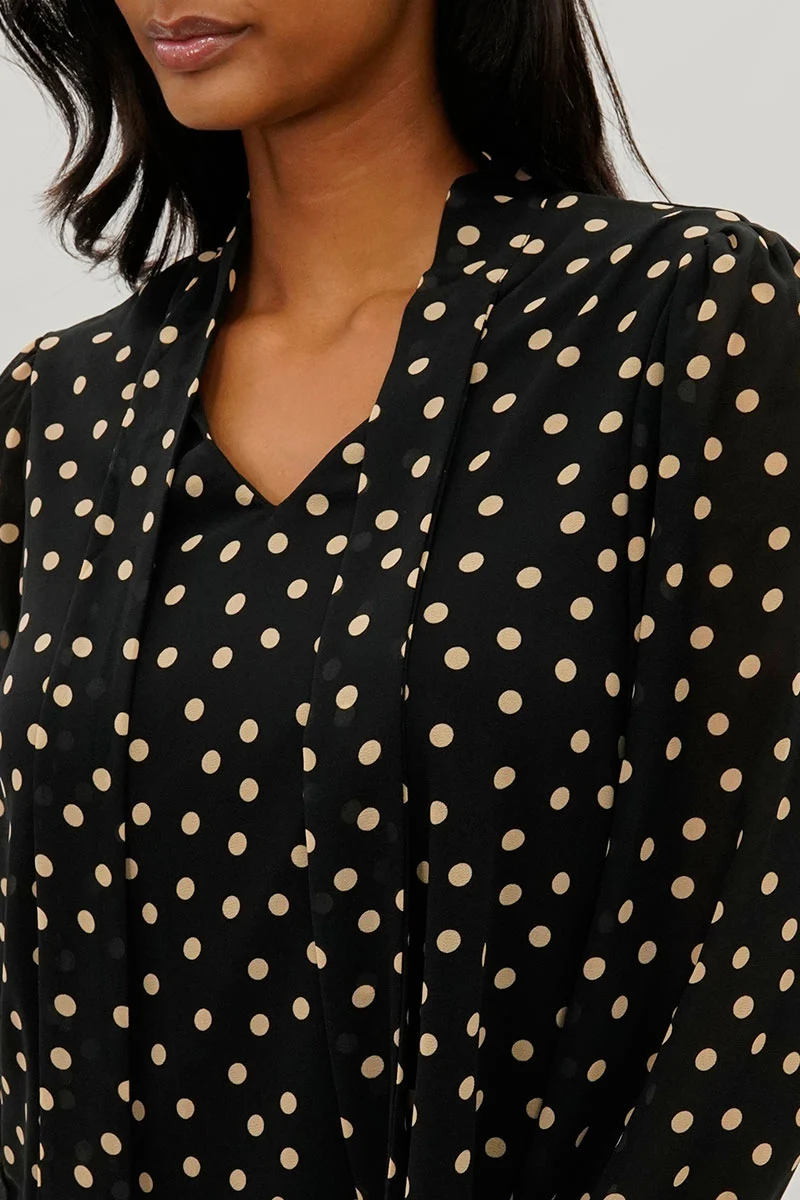Dotted Tie-Neck Long Sleeve Blouse - Black - Image 4
