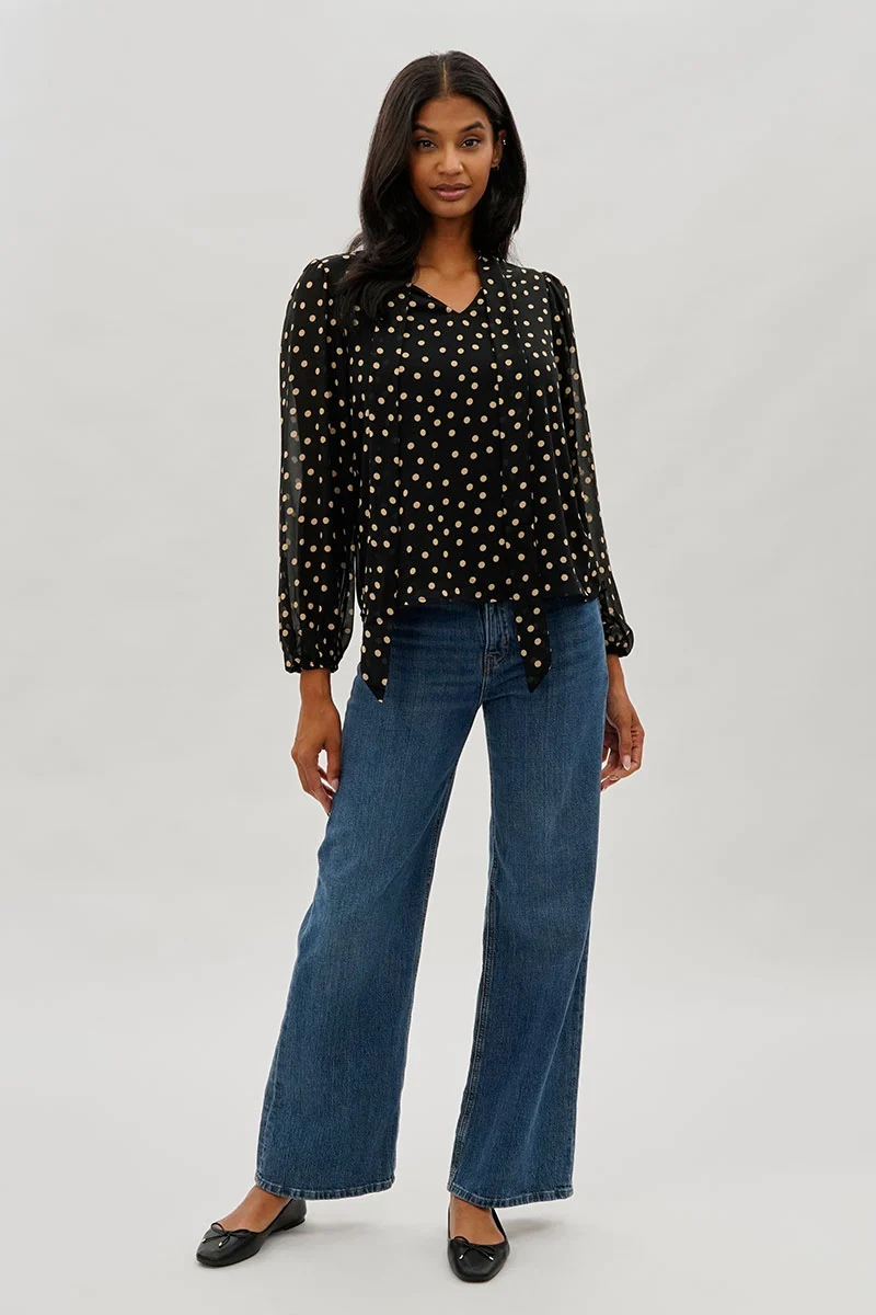 Dotted Tie-Neck Long Sleeve Blouse - Black - Image 5