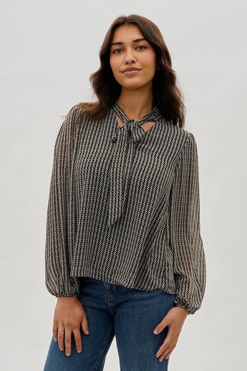 Tie-Neck Long Sleeve Blouse - Black