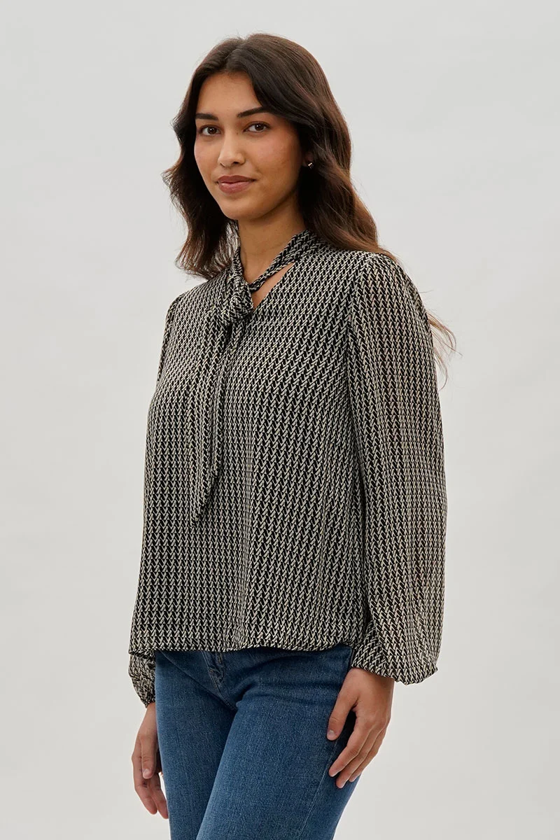 Tie-Neck Long Sleeve Blouse - Black - Image 2
