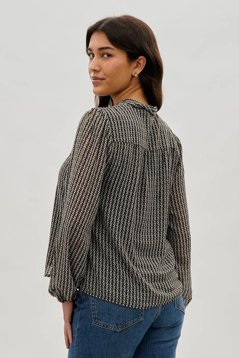 Tie-Neck Long Sleeve Blouse - Black - Image 3