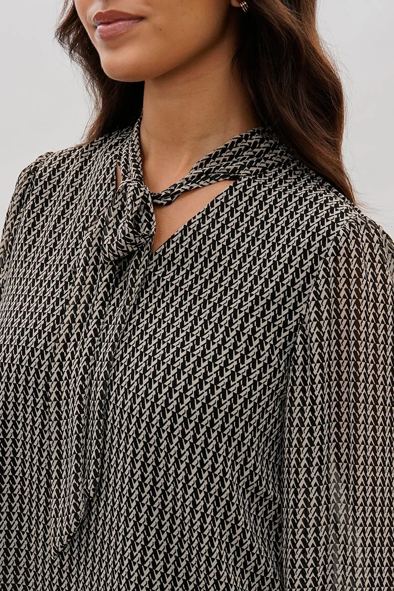Tie-Neck Long Sleeve Blouse - Black - Image 4