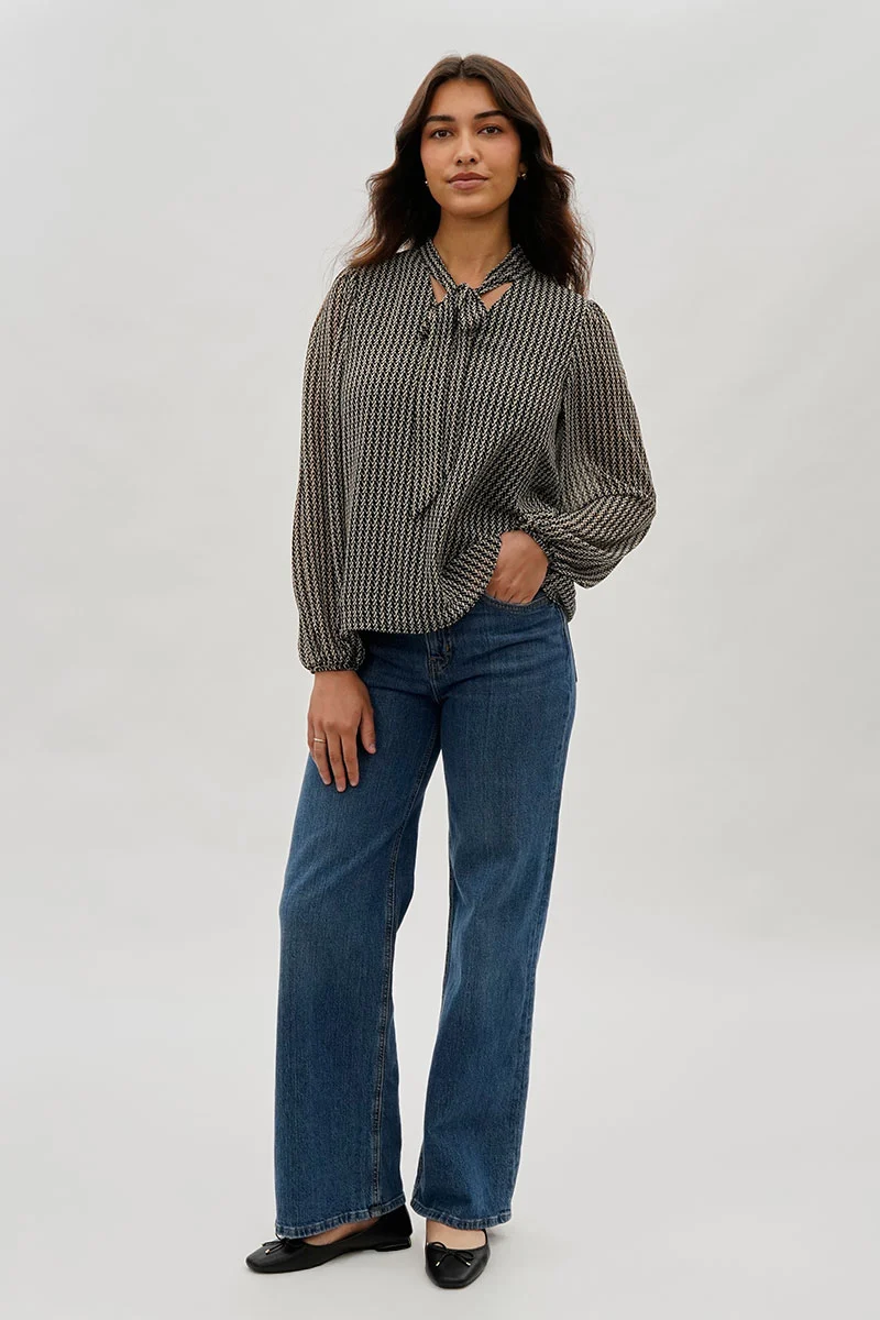 Tie-Neck Long Sleeve Blouse - Black - Image 5