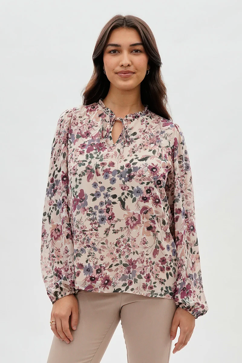 Floral Tie-Neck Long Sleeve Blouse - Beige
