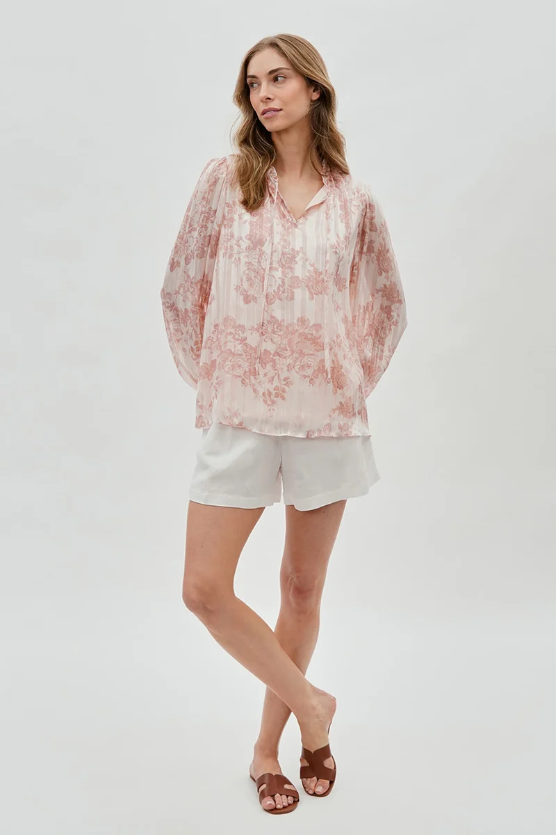 Floral Tie-Neck Long Sleeve Blouse - Blush - Image 5