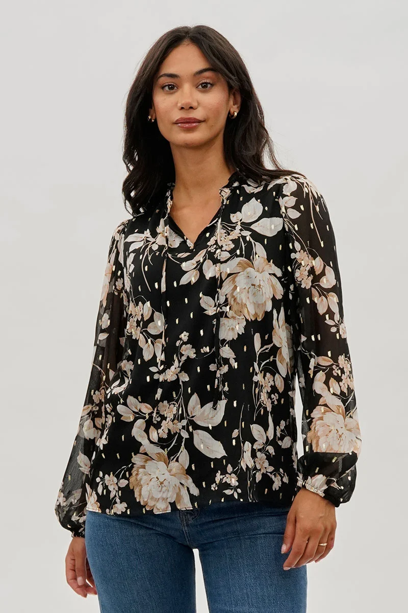 Floral Tie-Neck Long Sleeve Blouse - Black