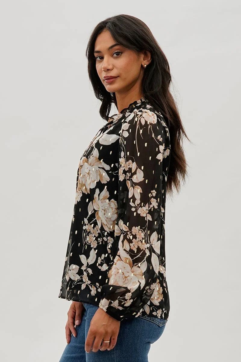 Floral Tie-Neck Long Sleeve Blouse - Black - Image 2