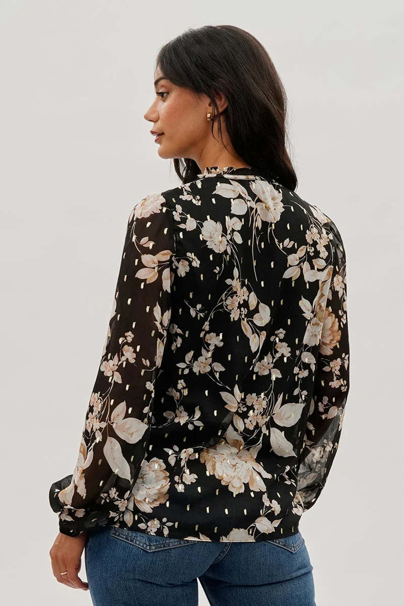 Floral Tie-Neck Long Sleeve Blouse - Black - Image 3