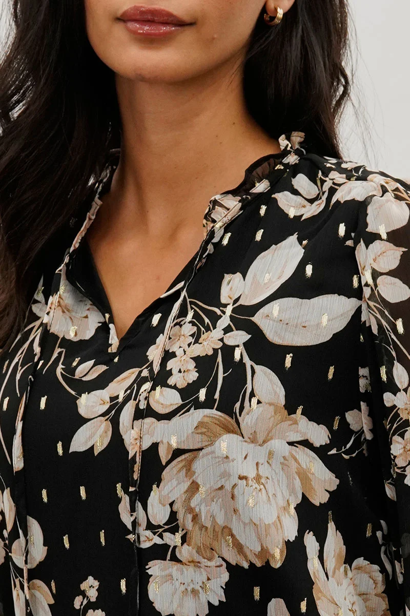 Floral Tie-Neck Long Sleeve Blouse - Black - Image 4