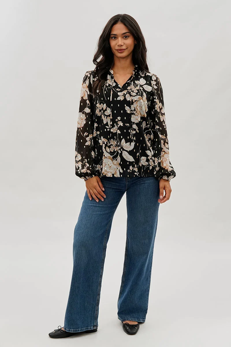 Floral Tie-Neck Long Sleeve Blouse - Black - Image 5