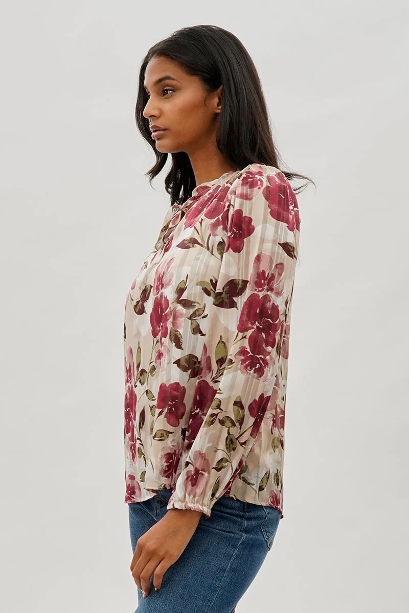 Floral Tie-Neck Long Sleeve Blouse - Beige - Image 2