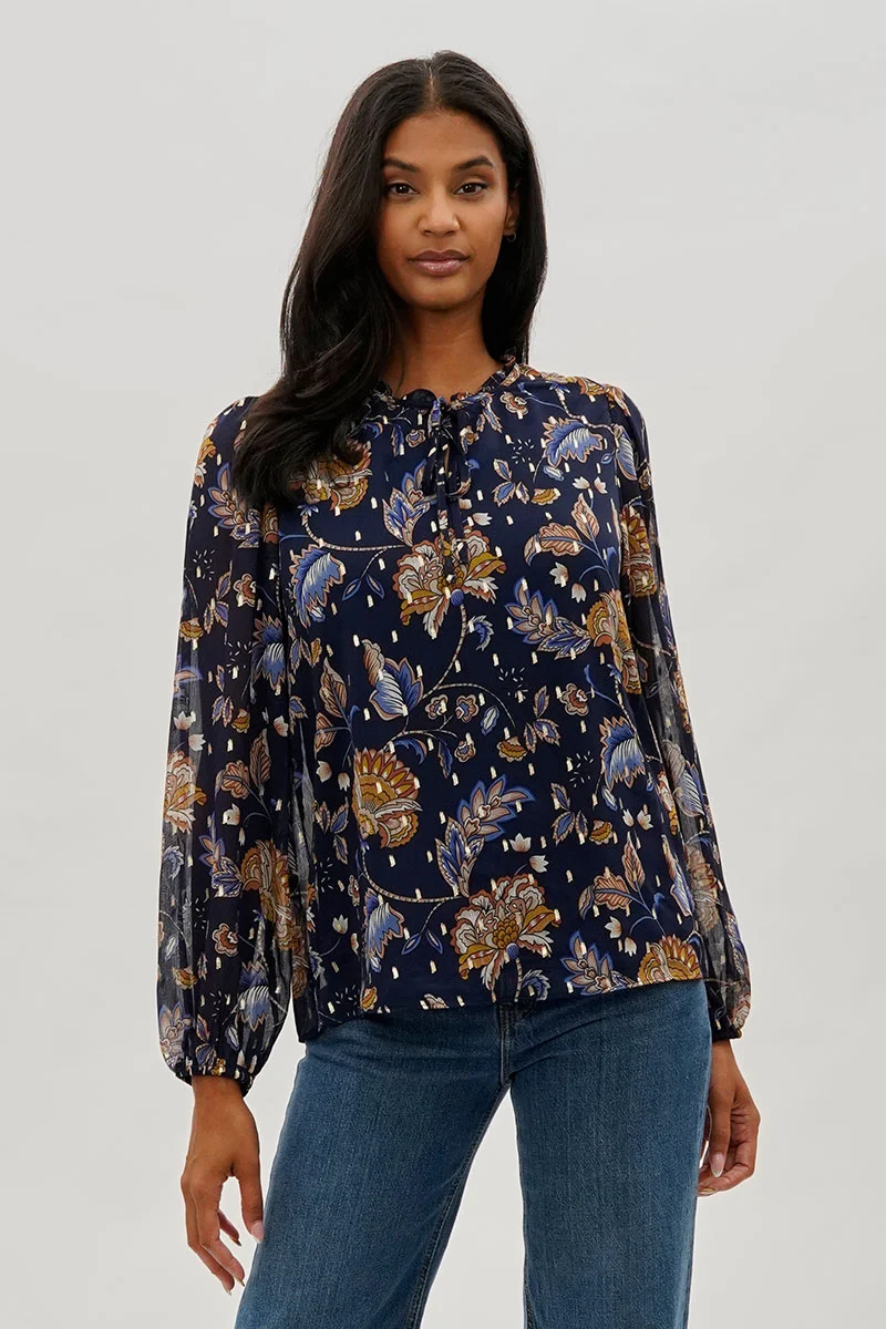Floral Tie-Neck Long Sleeve Blouse - Navy
