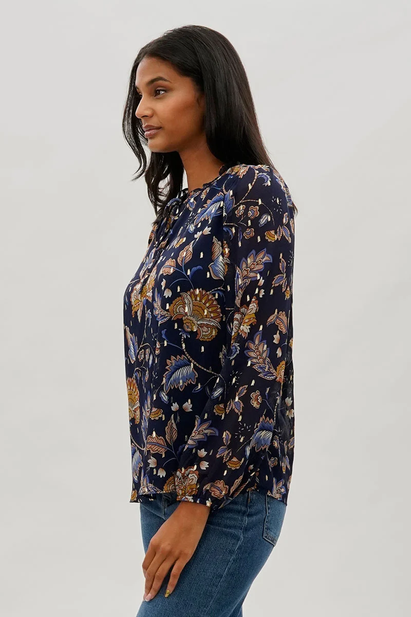 Floral Tie-Neck Long Sleeve Blouse - Navy - Image 2