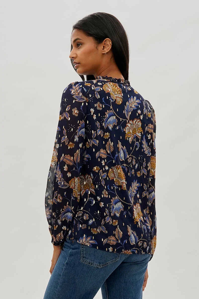 Floral Tie-Neck Long Sleeve Blouse - Navy - Image 3
