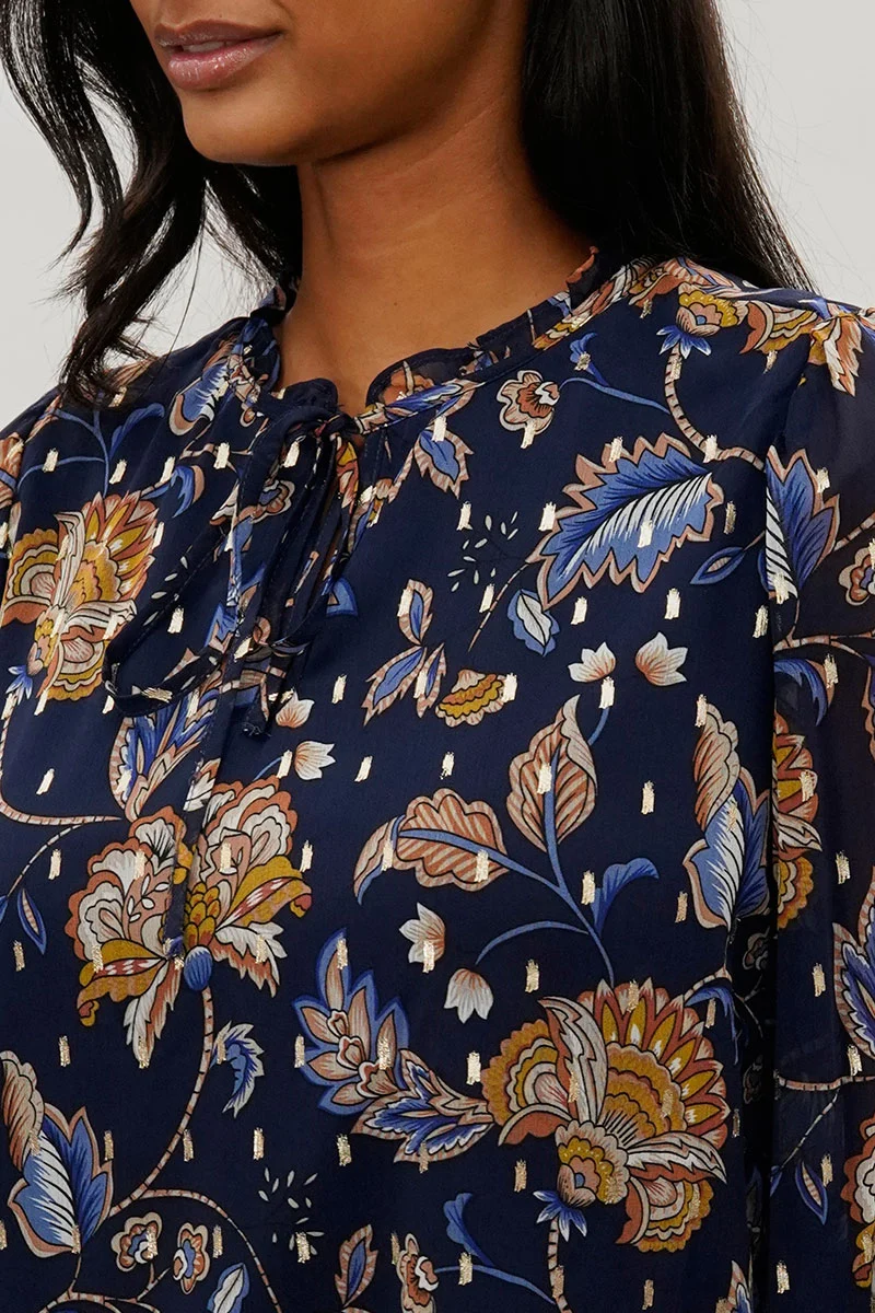 Floral Tie-Neck Long Sleeve Blouse - Navy - Image 4