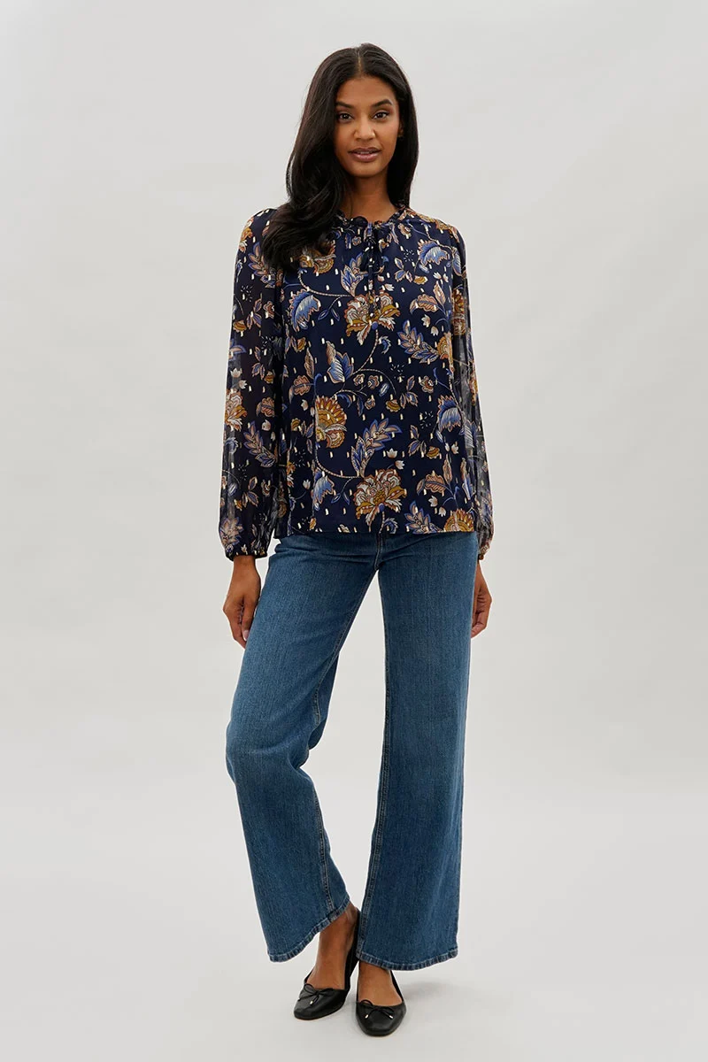 Floral Tie-Neck Long Sleeve Blouse - Navy - Image 5