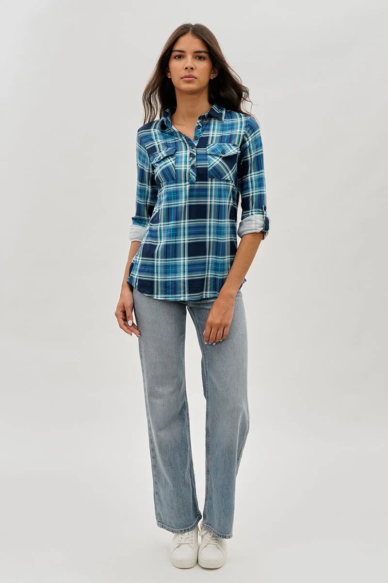 Plaid Button Down Shirt - Navy - Image 5