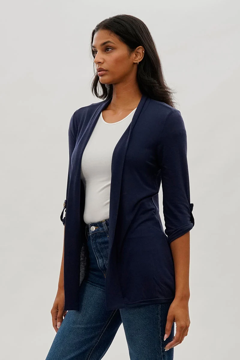Open Front Roll Up Sleeve Cardigan - Navy - Image 2