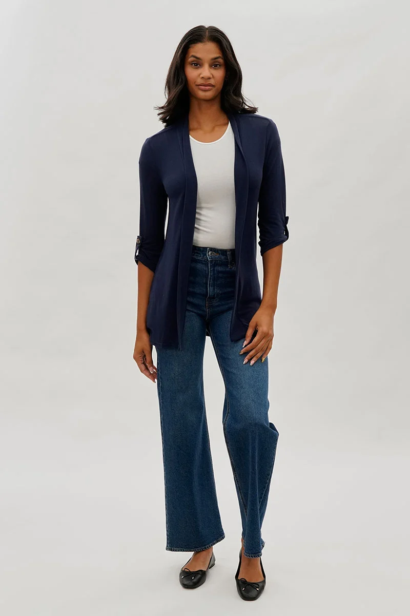 Open Front Roll Up Sleeve Cardigan - Navy - Image 5