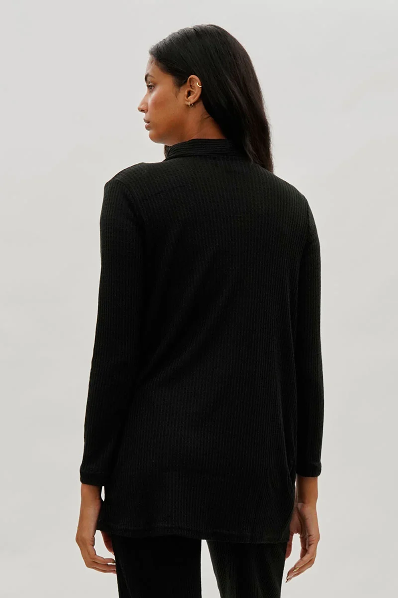 Open Front Waffle Knit Cardigan - Black - Image 3