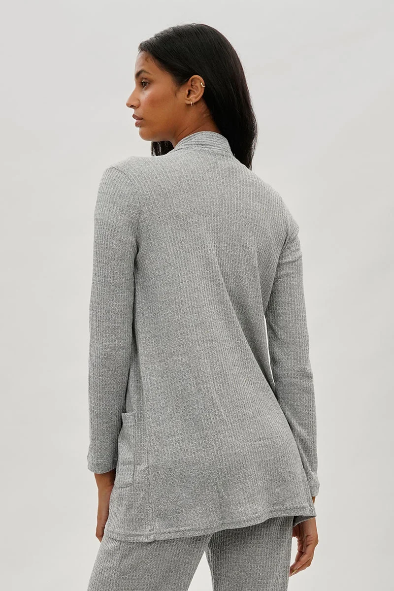 Open Front Waffle Knit Cardigan - Grey - Image 3