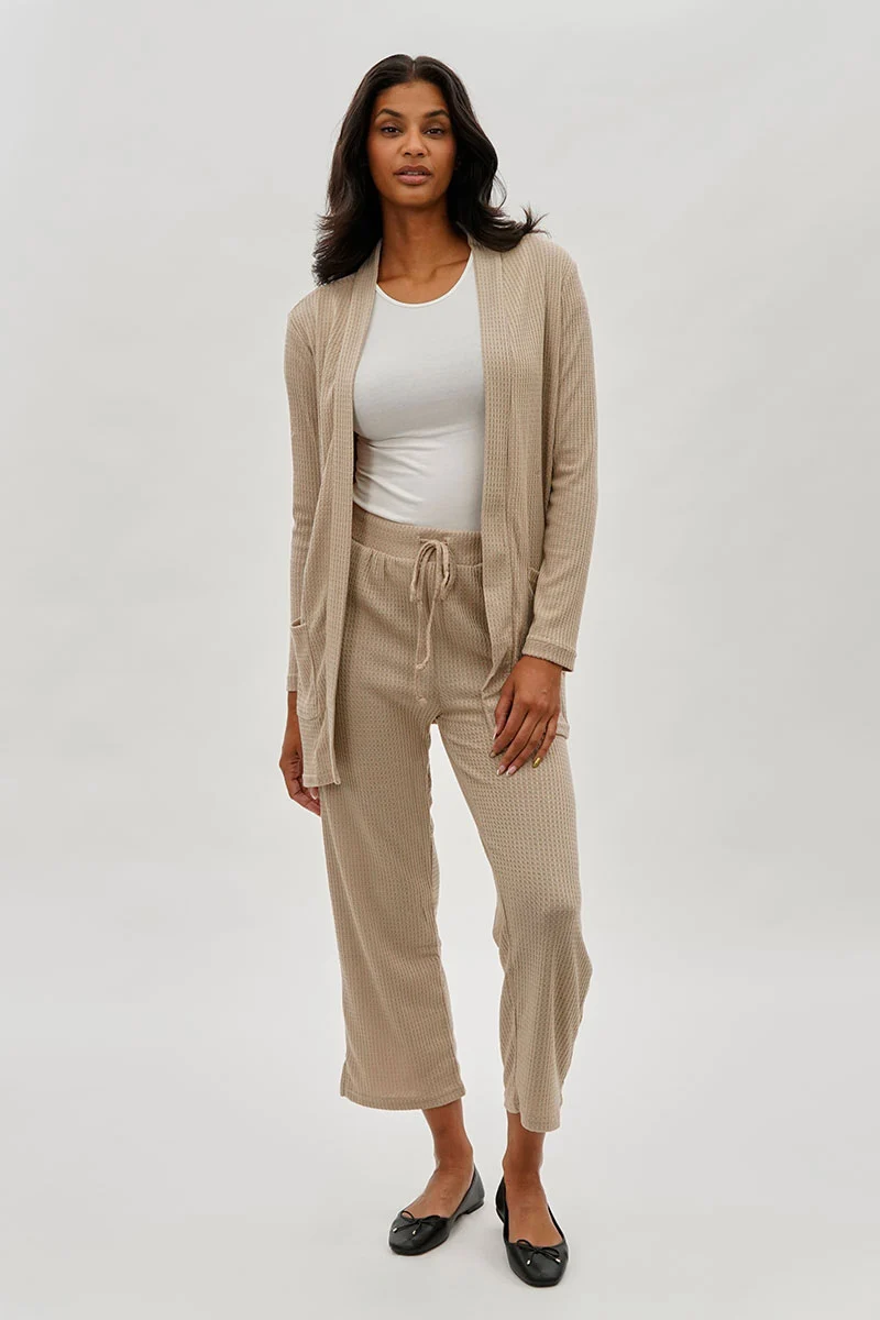 Open Front Waffle Knit Cardigan - Beige - Image 5