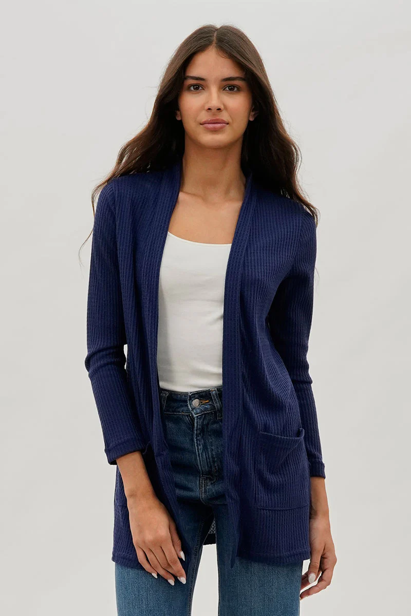 Open Front Waffle Knit Cardigan - Navy
