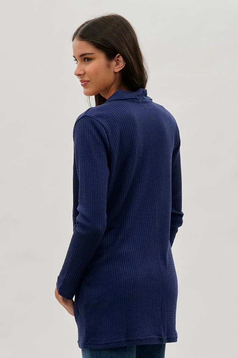 Open Front Waffle Knit Cardigan - Navy - Image 3