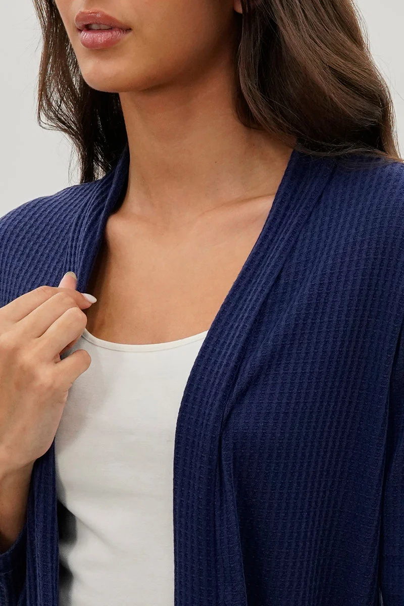 Open Front Waffle Knit Cardigan - Navy - Image 4