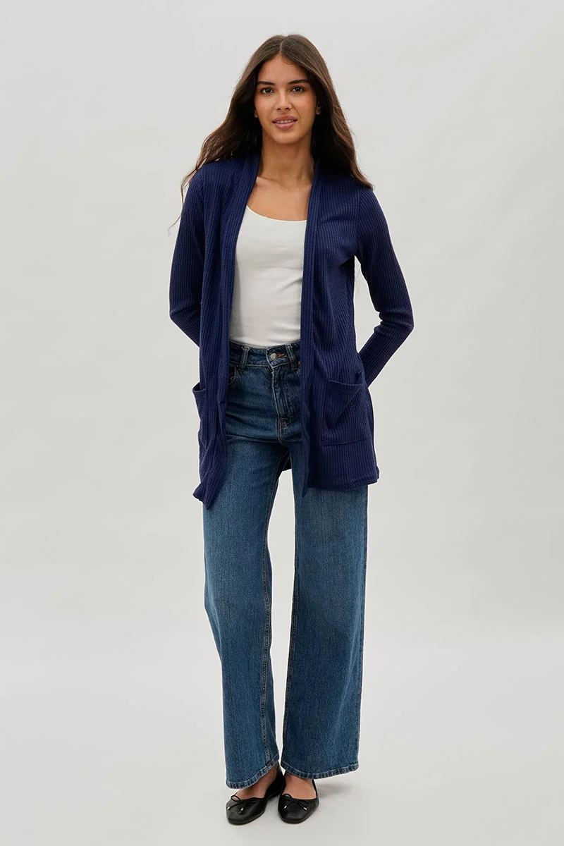 Open Front Waffle Knit Cardigan - Navy - Image 5