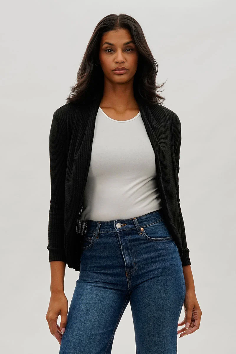 Waffle Knit 3/4 Sleeve Cardigan - Black