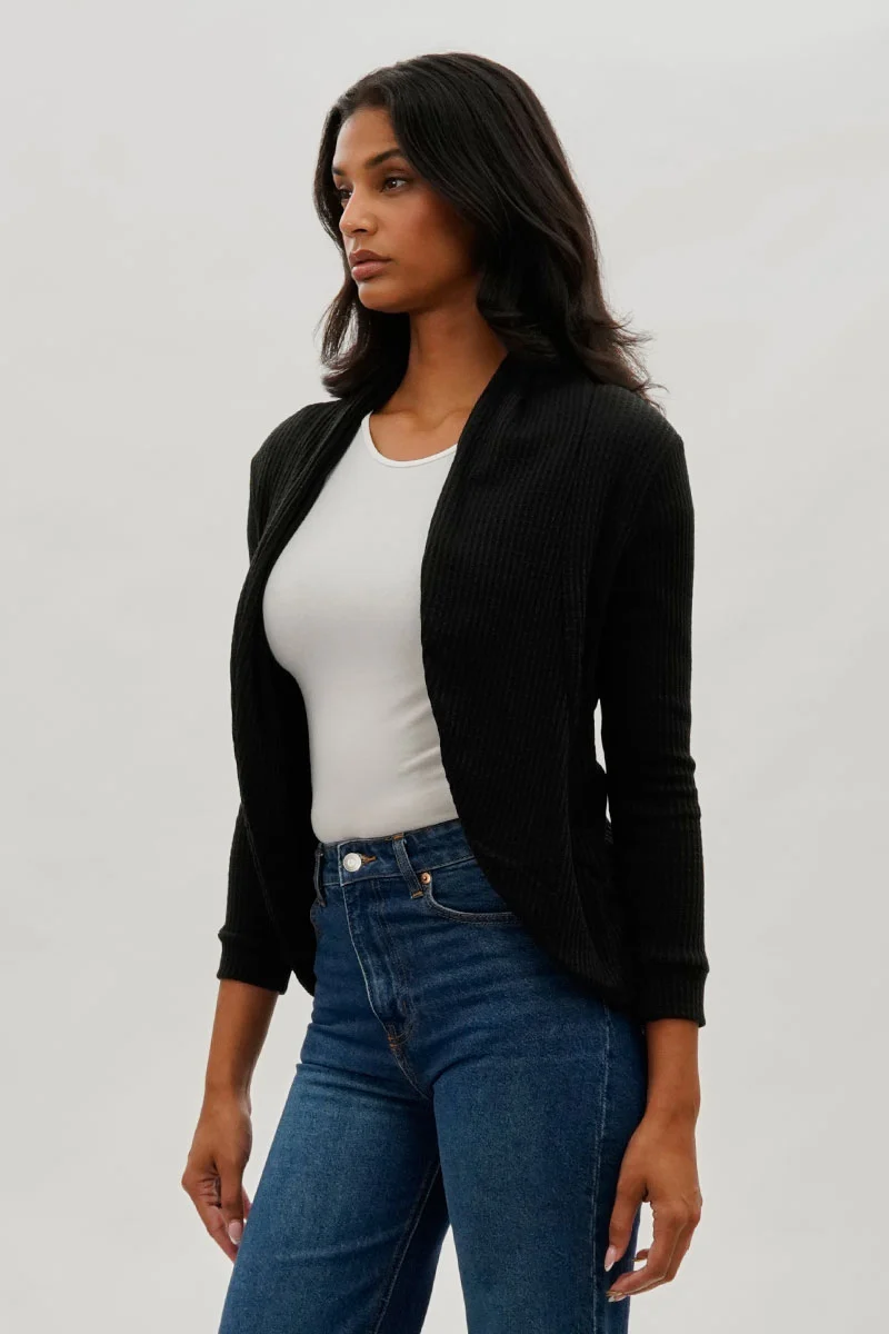 Waffle Knit 3/4 Sleeve Cardigan - Black - Image 2