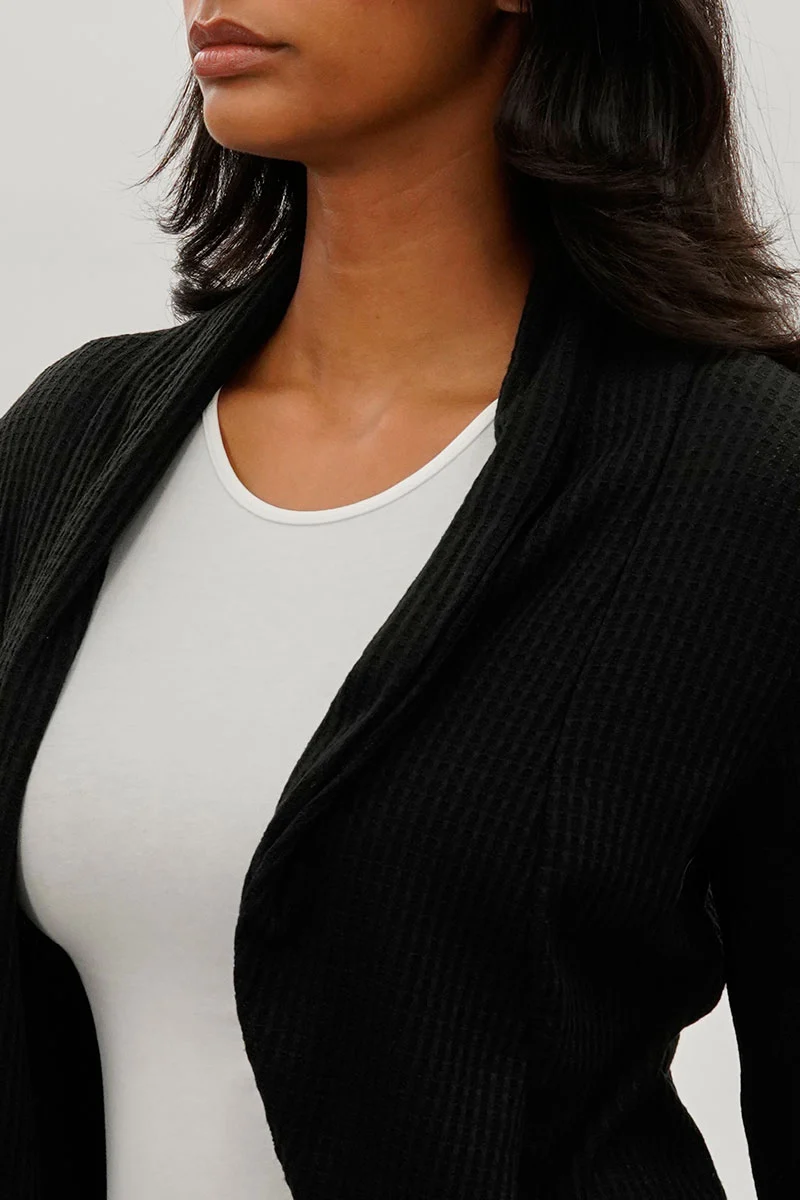 Waffle Knit 3/4 Sleeve Cardigan - Black - Image 4