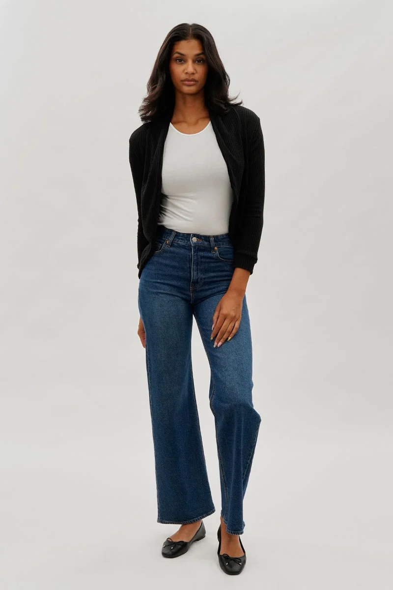 Waffle Knit 3/4 Sleeve Cardigan - Black - Image 5