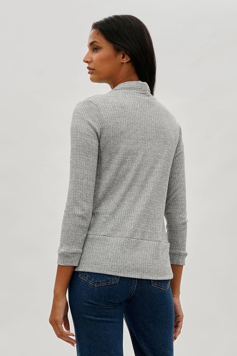 Waffle Knit 3/4 Sleeve Cardigan - Grey - Image 3