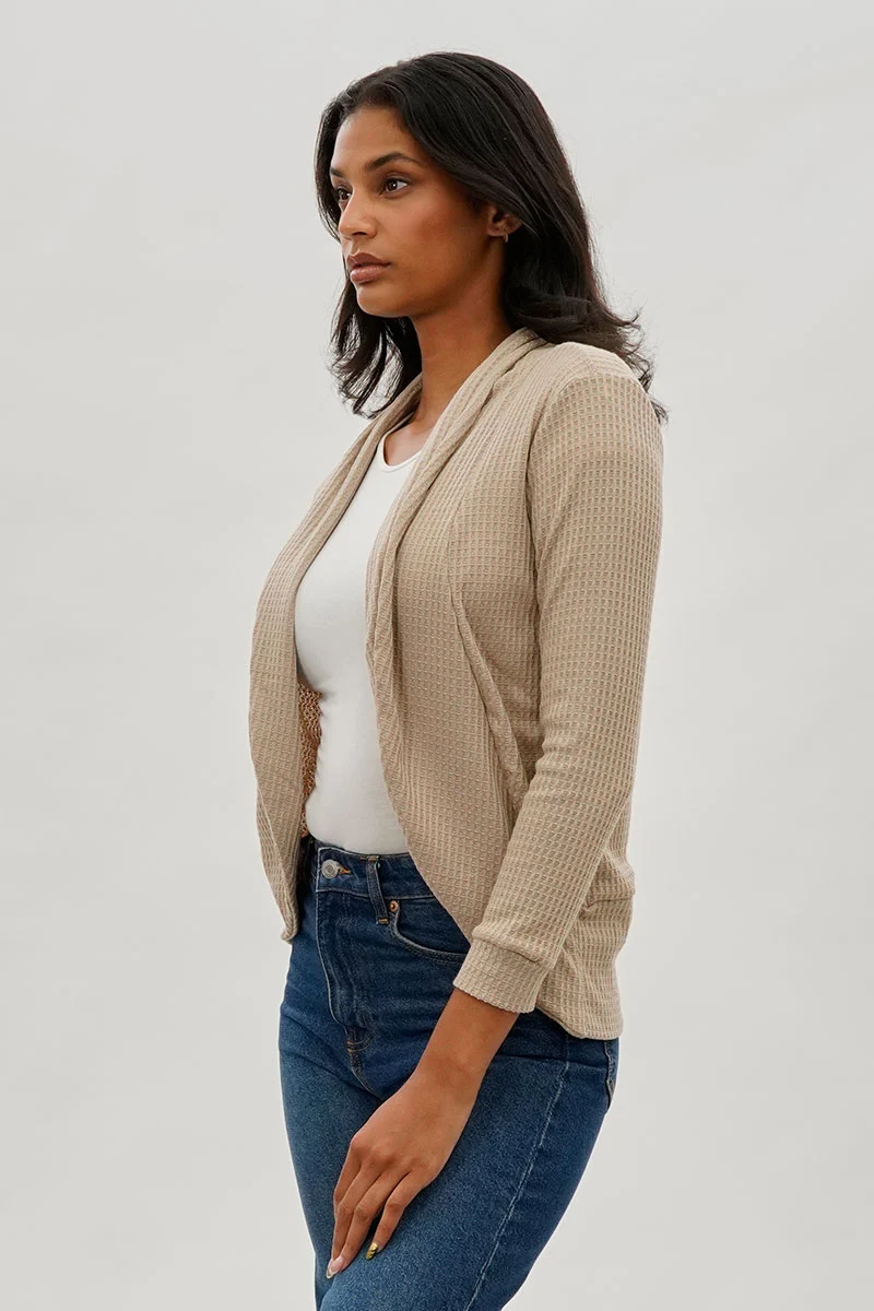 Waffle Knit 3/4 Sleeve Cardigan - Beige - Image 2