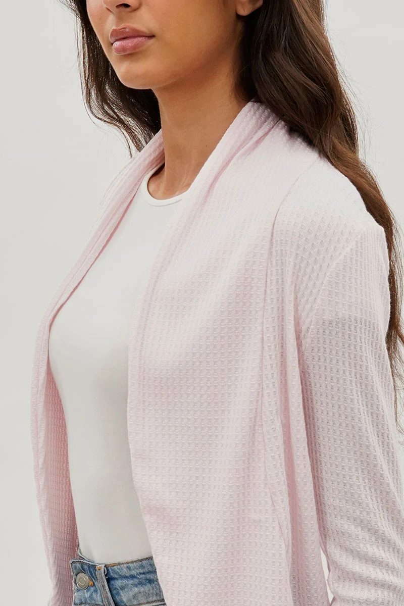 Waffle Knit 3/4 Sleeve Cardigan - Blush - Image 4
