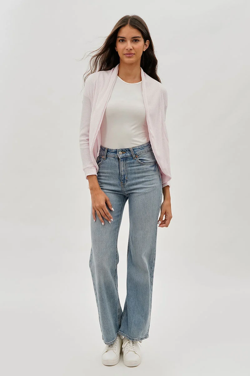 Waffle Knit 3/4 Sleeve Cardigan - Blush - Image 5
