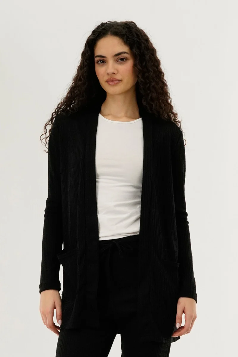 Waffle Knit Open Cardigan - Black
