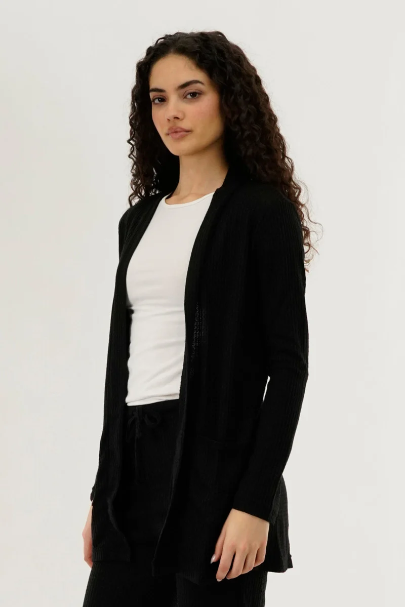 Waffle Knit Open Cardigan - Black - Image 2