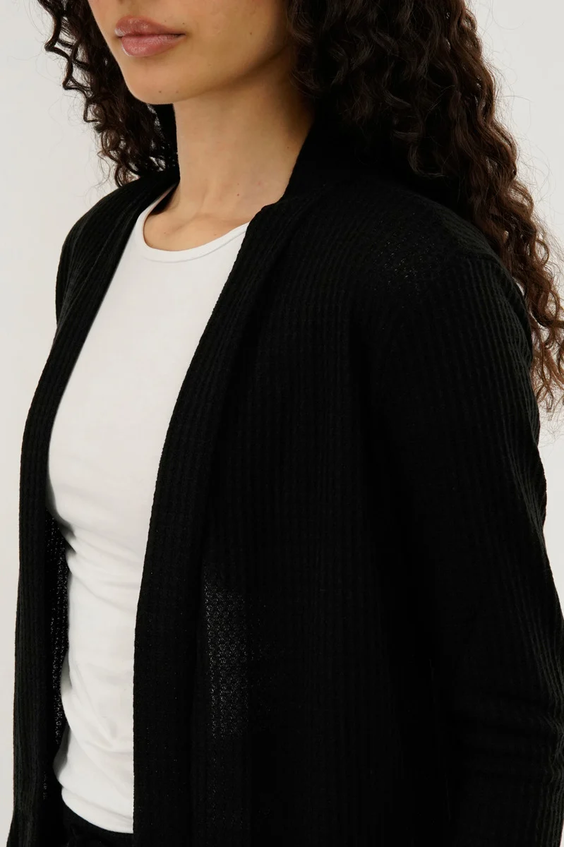Waffle Knit Open Cardigan - Black - Image 4