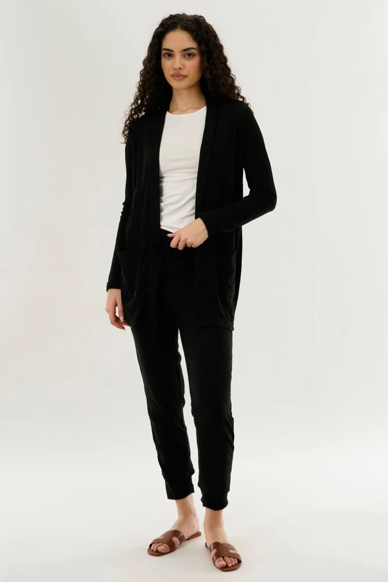 Waffle Knit Open Cardigan - Black - Image 5