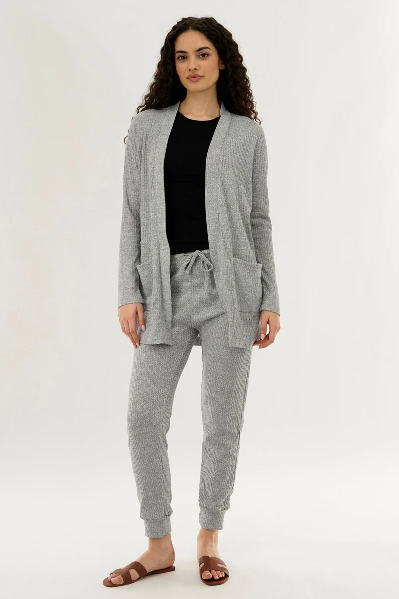 Waffle Knit Open Cardigan - Grey - Image 5