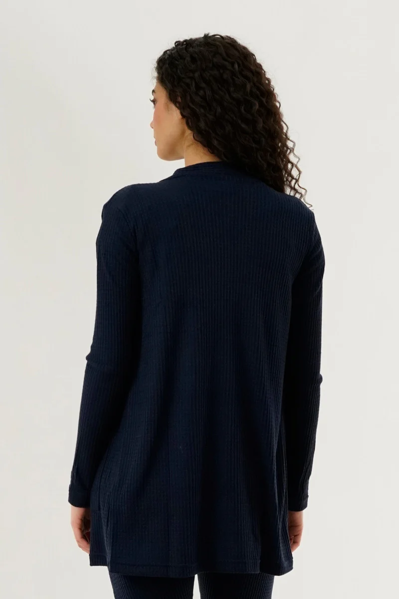 Waffle Knit Open Cardigan - Navy - Image 3