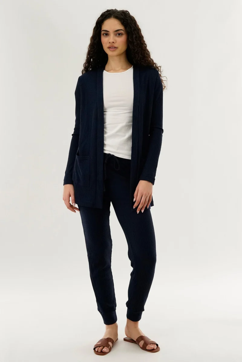 Waffle Knit Open Cardigan - Navy - Image 5