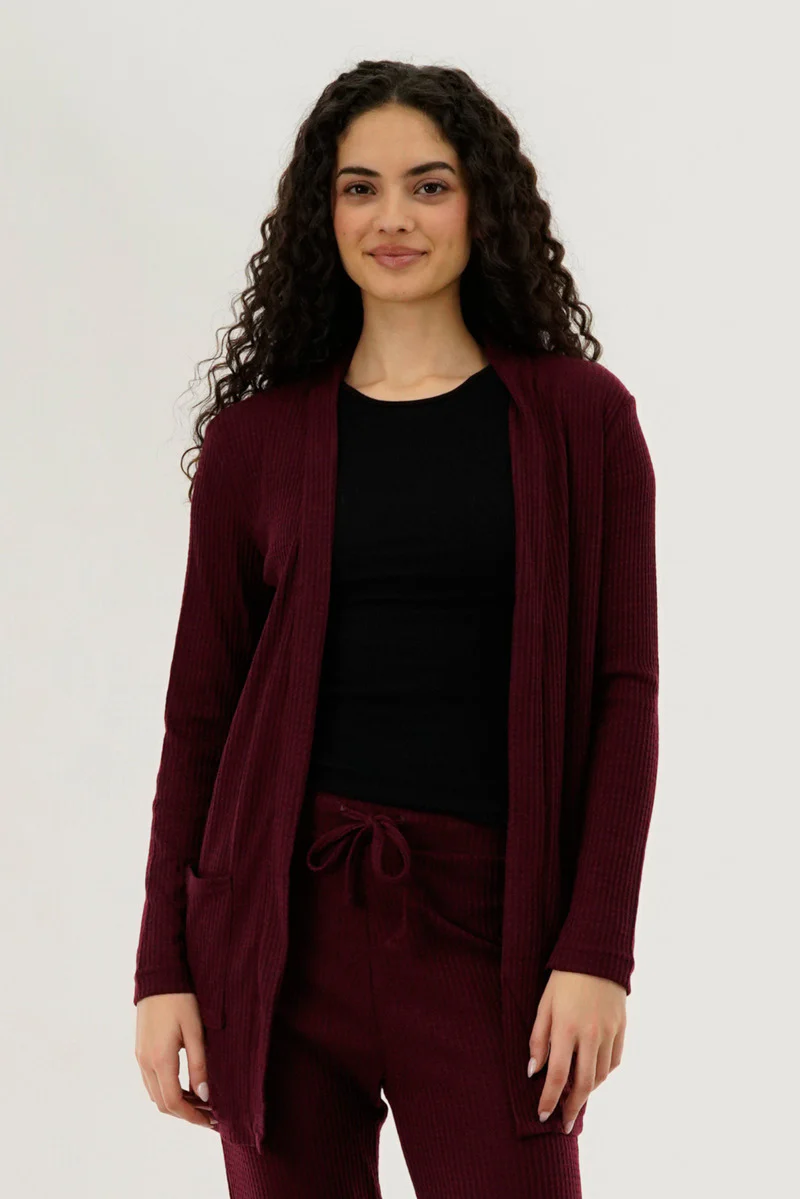 Waffle Knit Open Cardigan - Burgundy