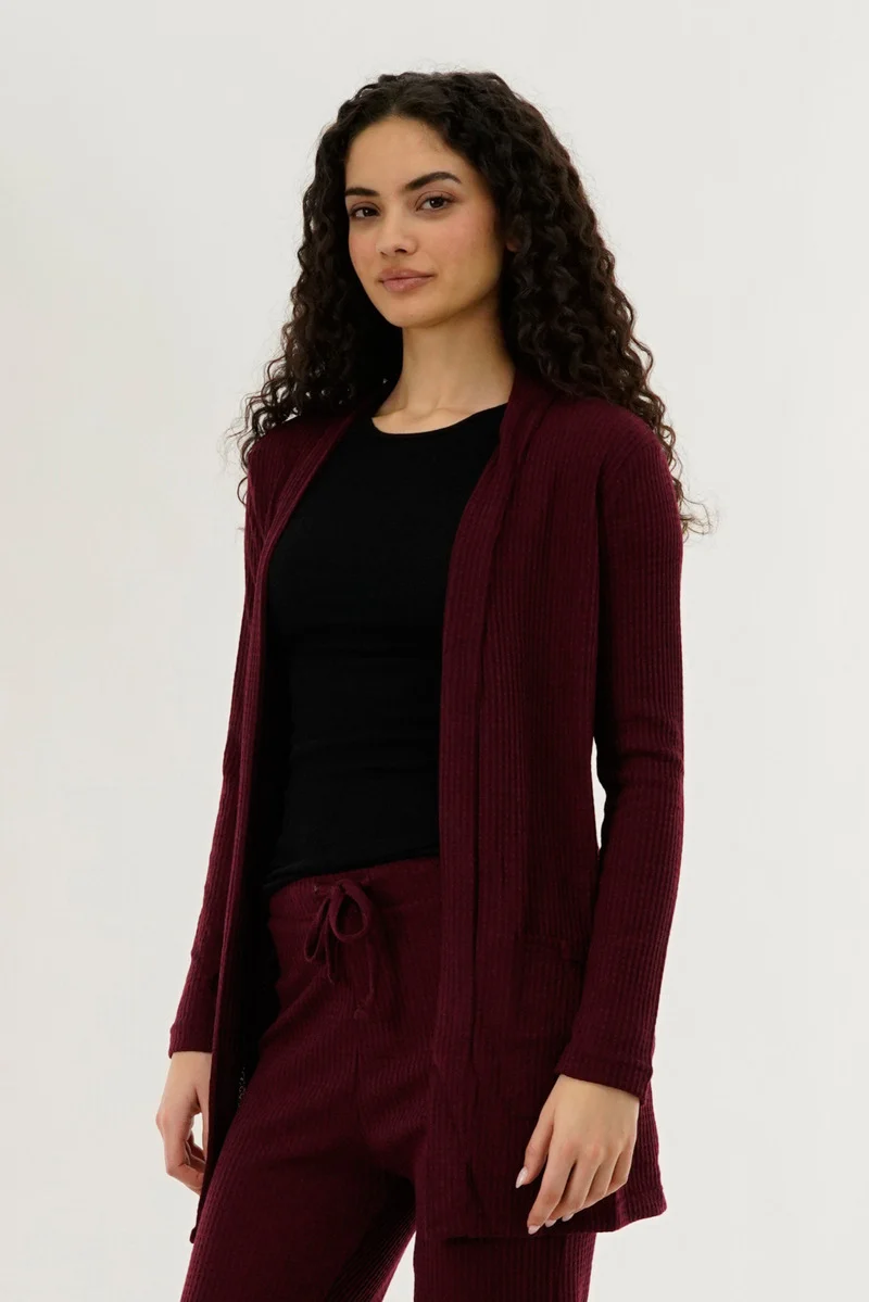 Waffle Knit Open Cardigan - Burgundy - Image 2