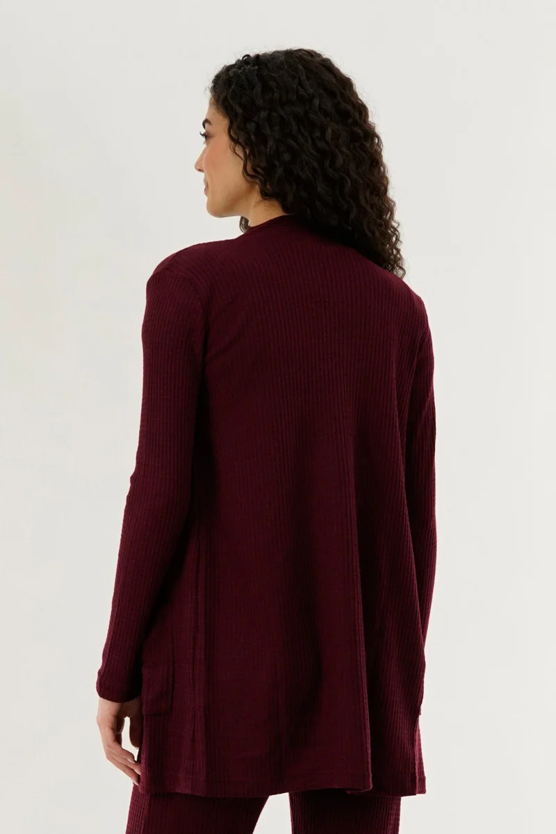 Waffle Knit Open Cardigan - Burgundy - Image 3