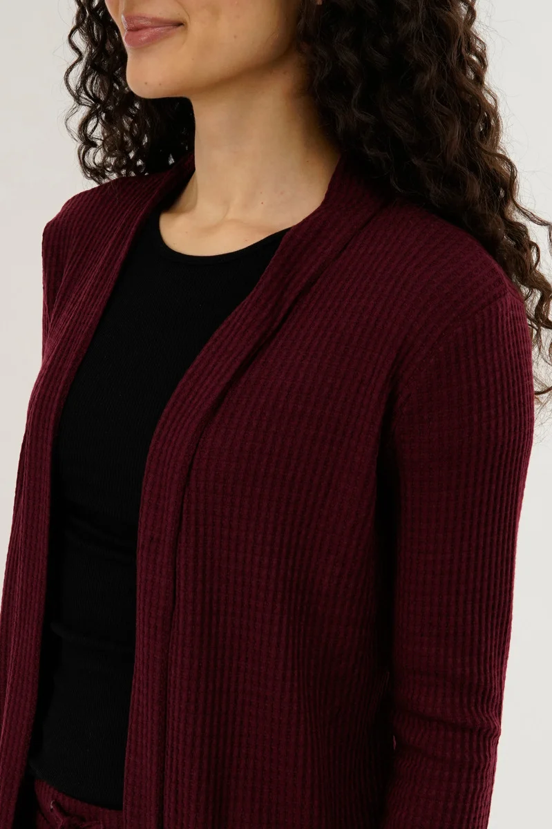 Waffle Knit Open Cardigan - Burgundy - Image 4