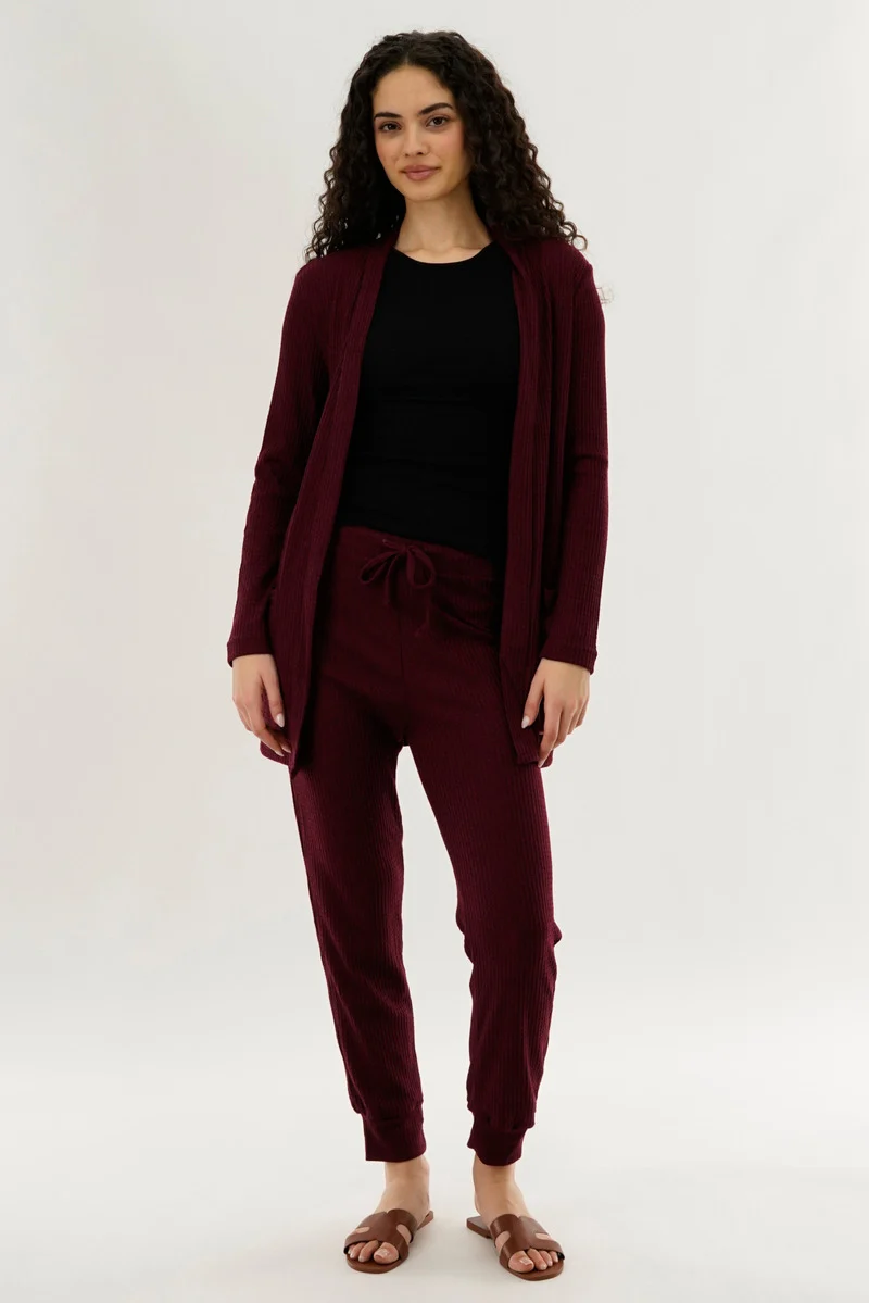 Waffle Knit Open Cardigan - Burgundy - Image 5